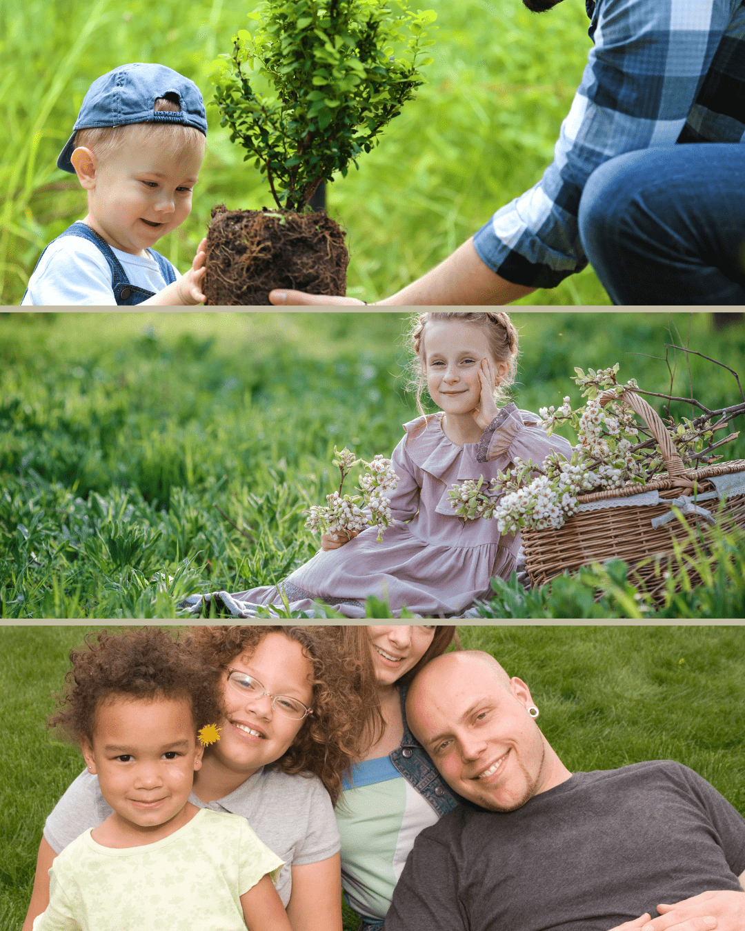 Boy toddler planting shrub with dad, 6-7 year old girl with basket of flowers. family of mixed ethnic backgrounds