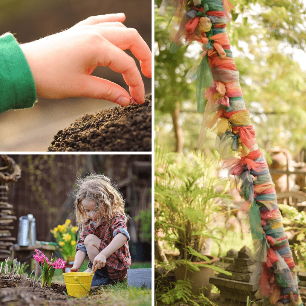 image of little hand planting a seed, a little girl at the flower bed. A pole with coloured ribbons